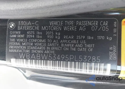 2005 BMW 330Ci из США, поврежденный, VIN WBABW53495PL53285